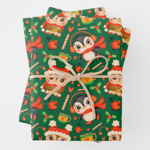 Christmas Owl and Penguin Festive Green Wrapping Paper Sheet