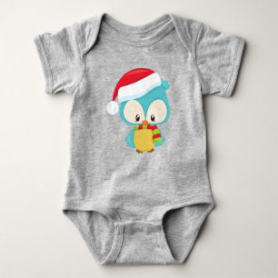 Christmas Owl, Cute Owl, Santa Hat, Scarf, Xmas Baby Bodysuit