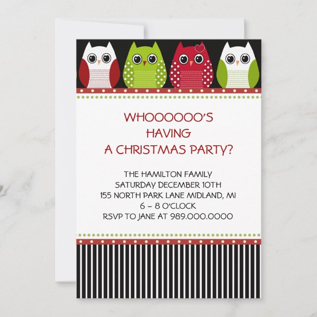 Christmas Owl Holiday Party Invitations (Front)