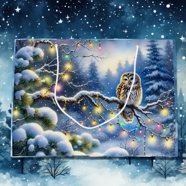 Christmas Owl in a Magical Winter Forest Large Gift Bag (Creator Uploaded)