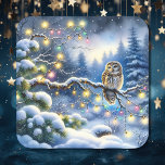 Christmas Owl in a Magical Winter Forest Square Sticker<br><div class="desc">Ai watercolor style illustration of a festive owl sitting on a tree branch in a snow filled enchanted forest winter wonderland.</div>