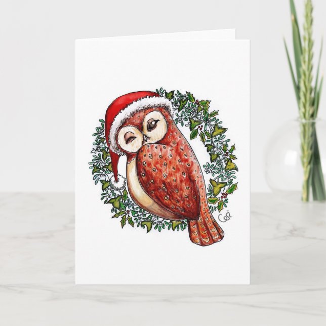 Christmas Owl in a Santa Hat Holiday Card (Front)