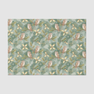 Christmas Owl on Evergreen Branch Green Tissue Paper