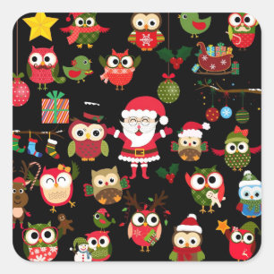 Christmas Owl Pattern Square Sticker