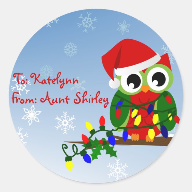 Christmas Owl Personalised Gift Tag Stickers (Front)