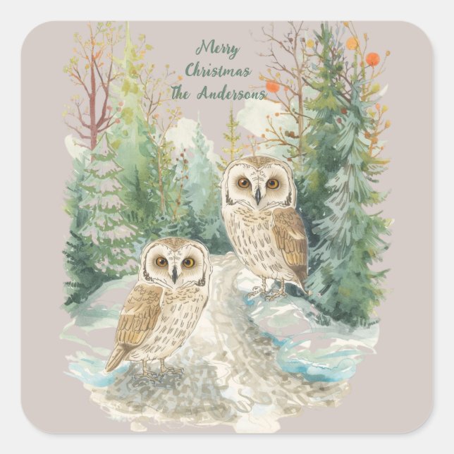 Christmas Owl Sticker – Woodland Forest Watercolor (Front)
