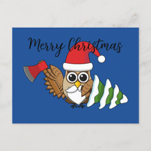 Christmas Owl w/ Axe & Snowy Pine Tree Add Text Holiday Postcard