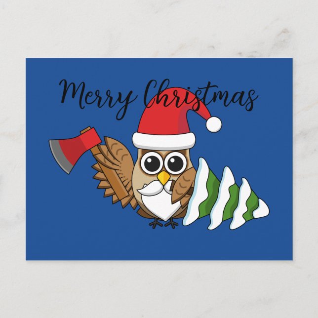 Christmas Owl w/ Axe & Snowy Pine Tree | Add Text Holiday Postcard (Front)