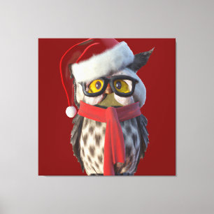 Christmas Owl Wearing Santa Costume and Red Scarf Canvas Print
