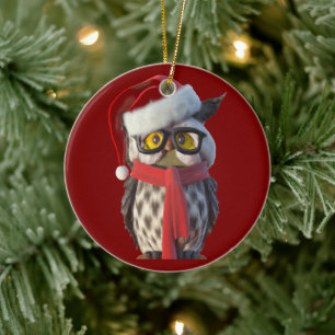 Christmas Owl Wearing Santa Costume and Red Scarf Ceramic Tree Decoration