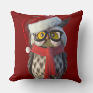 Christmas Owl Wearing Santa Costume and Red Scarf Cushion