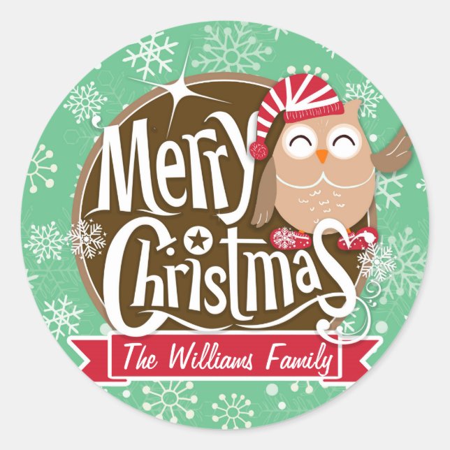 Christmas Owl; Winter; Green & White Snowflakes Classic Round Sticker (Front)