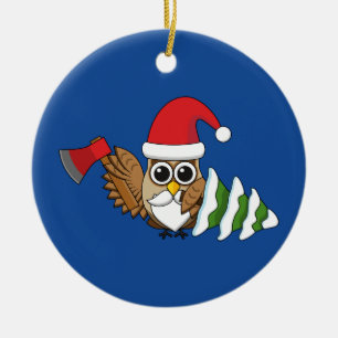 Christmas Owl with Axe and Snowy Pine Tree Ceramic Tree Decoration