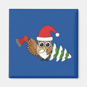 Christmas Owl with Axe and Snowy Pine Tree Magnet
