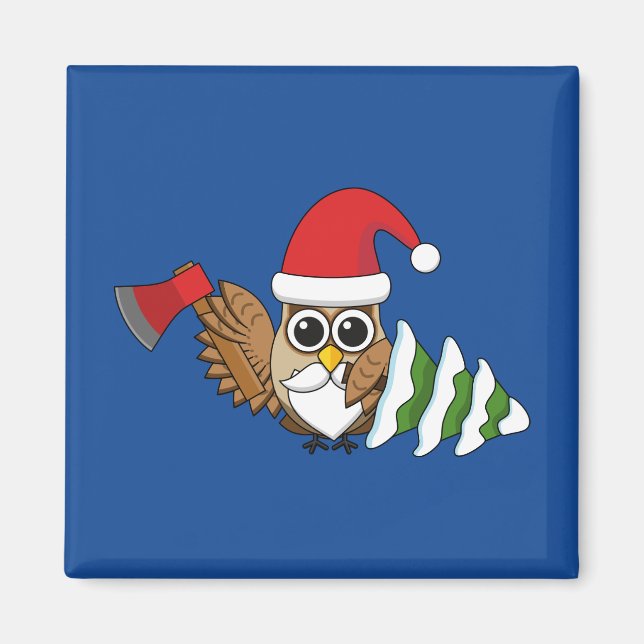 Christmas Owl with Axe and Snowy Pine Tree Magnet (Front)