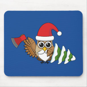 Christmas Owl with Axe and Snowy Pine Tree Mouse Pad