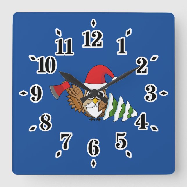 Christmas Owl with Axe and Snowy Pine Tree Square Wall Clock (Front)