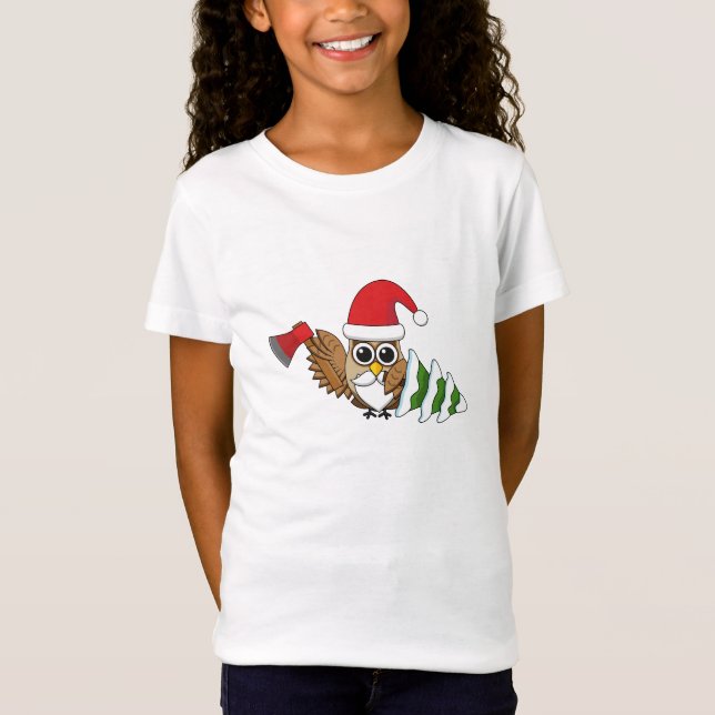 Christmas Owl with Axe and Snowy Pine Tree T-Shirt (Front)