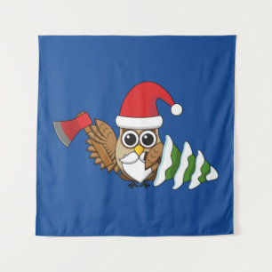 Christmas Owl with Axe and Snowy Pine Tree Tapestry