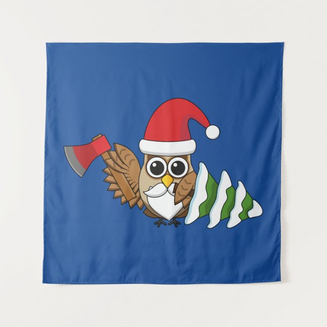 Christmas Owl with Axe and Snowy Pine Tree Tapestry (Front)