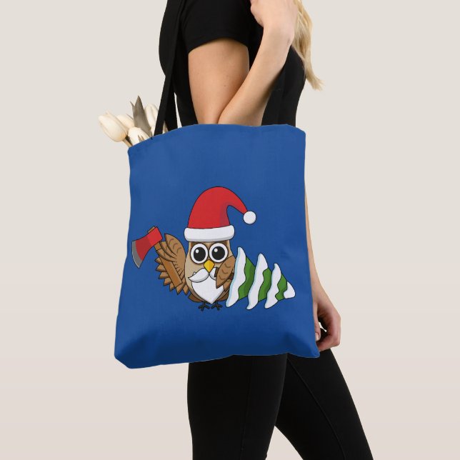 Christmas Owl with Axe and Snowy Pine Tree Tote Bag (Close Up)