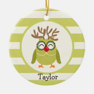 Christmas Owl with Light Green Retro Stripes Ceramic Tree Decoration
