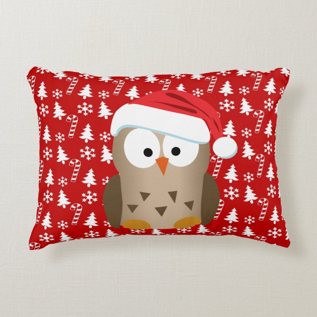 Christmas Owl with Santa Hat Decorative Cushion (Front)