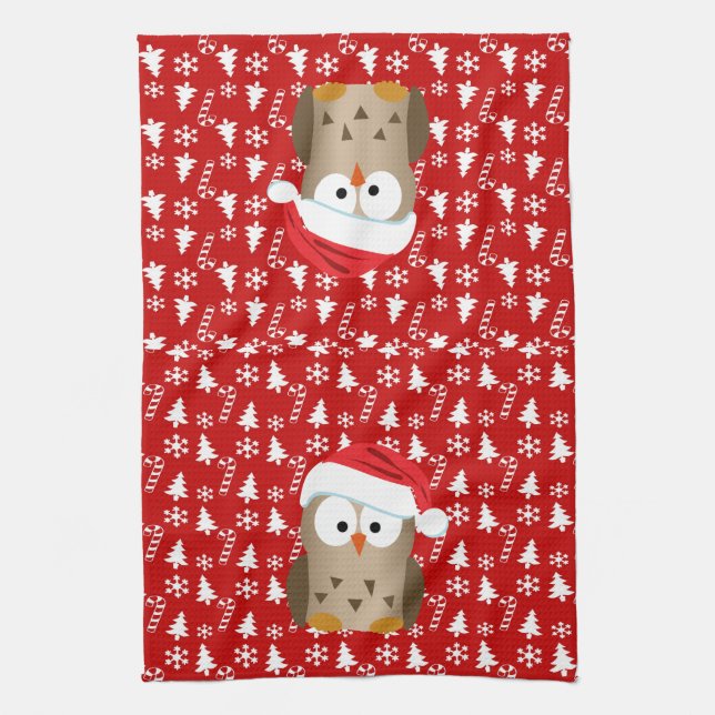 Christmas Owl with Santa Hat Tea Towel (Vertical)