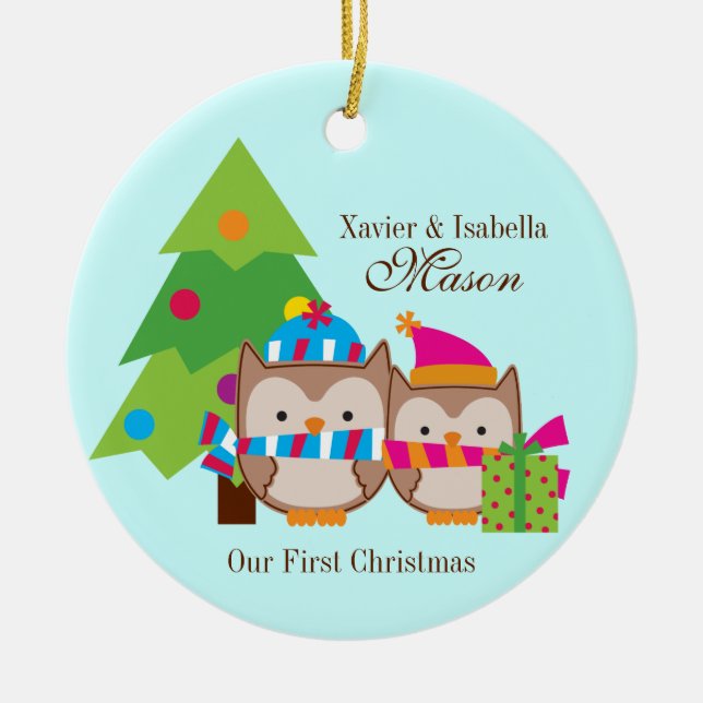 Christmas Owls - First Christmas Ceramic Tree Decoration (Front)
