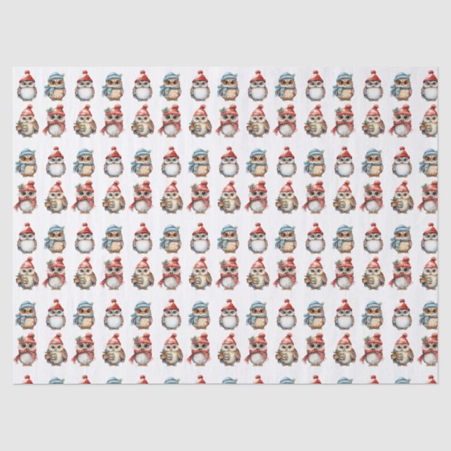 christmas owls red blue hats pattern tissue paper (Front)