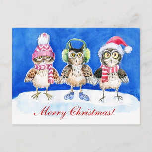 Christmas owls watercolor art holiday postcard