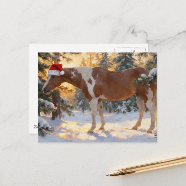 Christmas Paint Horse Mare Winter Forest Postcard (Front/Back In Situ)