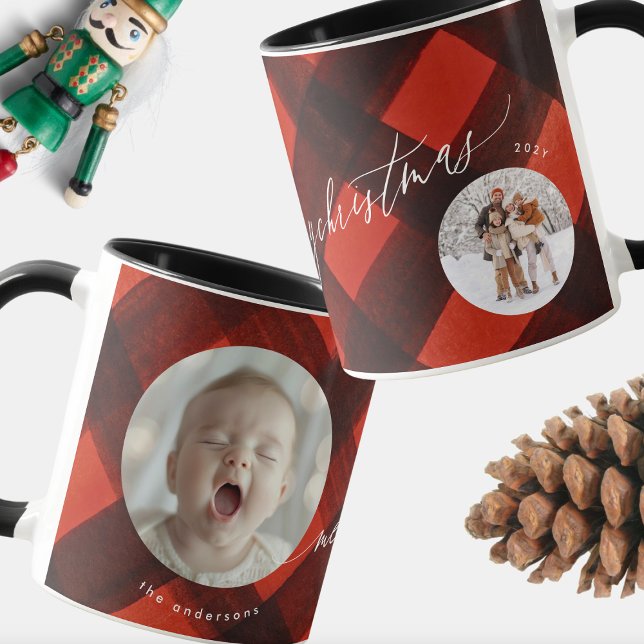 Christmas Painted Red Black Plaid Two Photo Mug (Creator Uploaded)