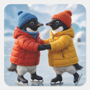 Christmas Pair of Penguins Ice Skating  Square Sticker