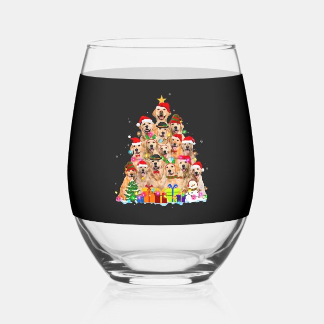 Christmas Pajama Golden Retriever Tree Xmas Gift D Stemless Wine Glass (Front)
