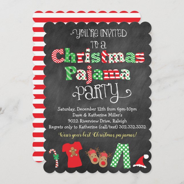 Christmas Pajama Party Chalkboard Invitation (Front/Back)