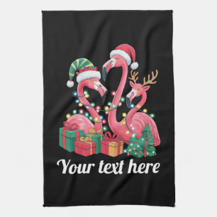 Christmas Palm Flamingo Personalized Xmas Lights Tea Towel
