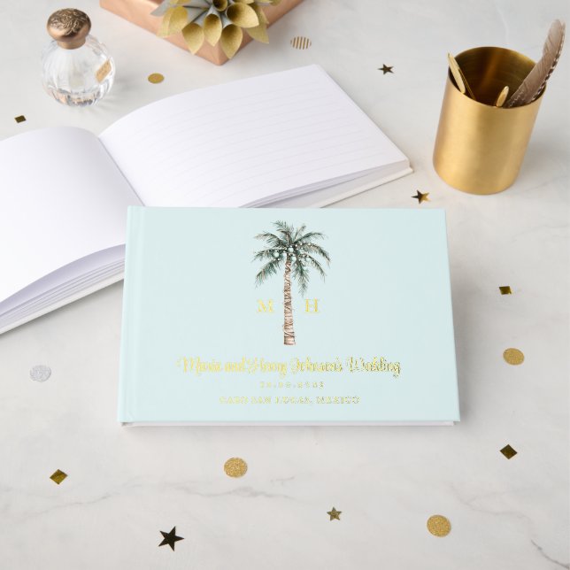 Christmas Palm Tree | Beach Wedding Monogram Guest Book (Front Open)