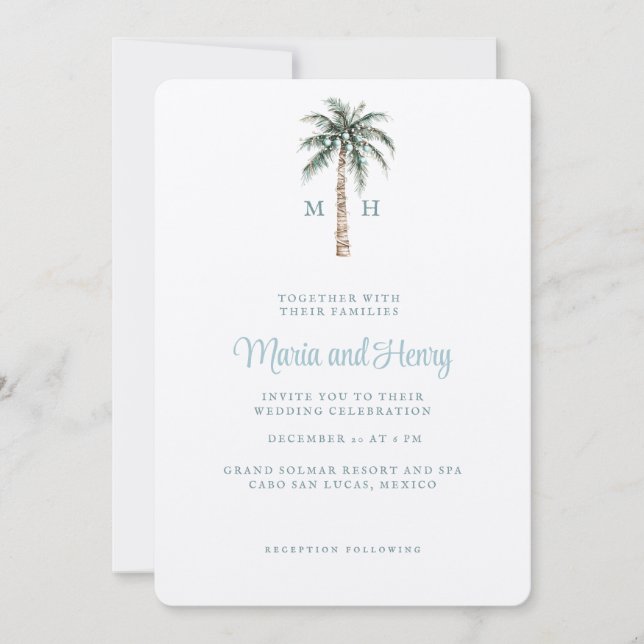 Christmas Palm Tree | Beach Wedding Monogram Invitation (Front)