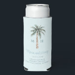 Christmas Palm Tree | Beach Wedding Monogram Seltzer Can Cooler<br><div class="desc">Gift your wedding guests at your winter beach wedding with this beautiful monogram palm tree can cooler. This design has a watercolor image of a palm tree with Christmas decorations. Colours used include,  slate blue,  forest green,  ivory and tan.</div>