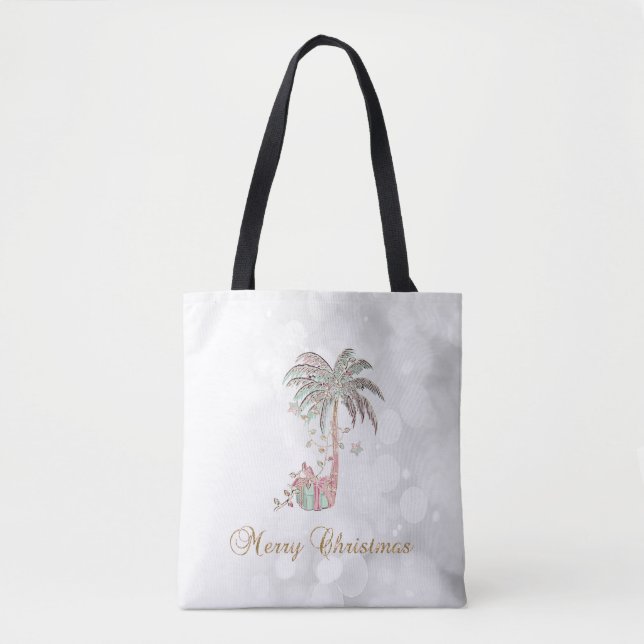 Christmas Palm Tree,Present,String Lights,Bokeh    Tote Bag (Front)