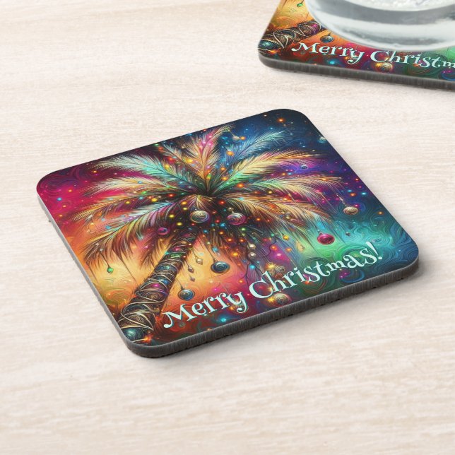 Christmas Palm Tree Tropical Beach Personalised Coaster (Left Side)
