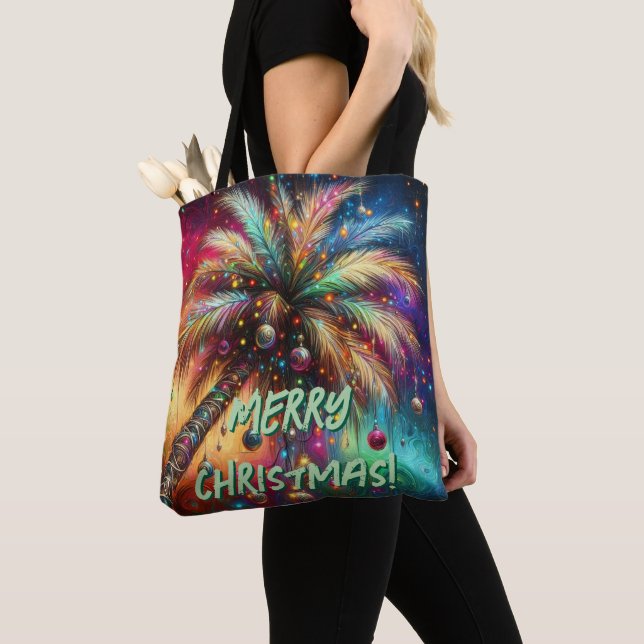 Christmas Palm Tree Tropical Beach Personalised Tote Bag (Close Up)