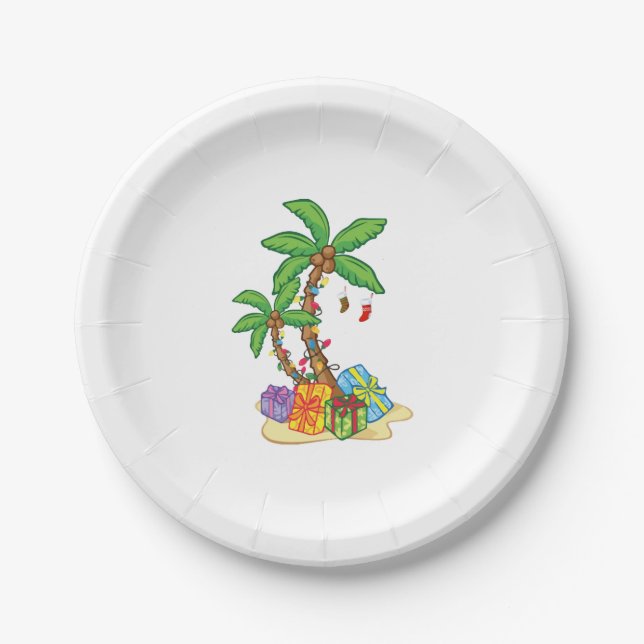 Christmas Palm Tree Tropical Xmas Coconut Lights Paper Plate (Front)