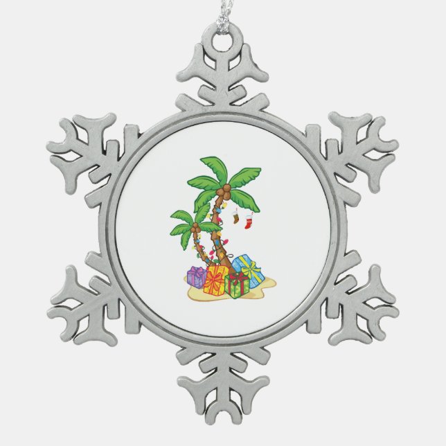 Christmas Palm Tree Tropical Xmas Coconut Lights Snowflake Pewter Christmas Ornament (Front)