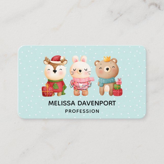Christmas Pals - Reindeer Bear & Rabbit Business Card (Front)