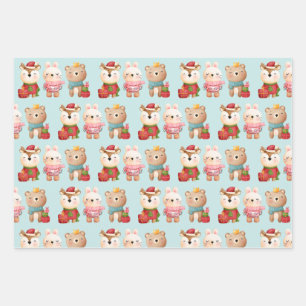 Christmas Pals - Reindeer Bear & Rabbit Pattern Wrapping Paper Sheet