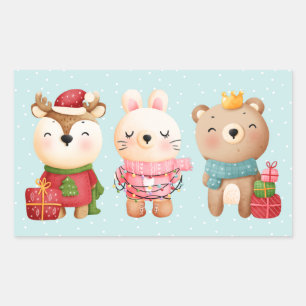 Christmas Pals - Reindeer, Bear & Rabbit Rectangular Sticker