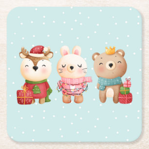 Christmas Pals - Reindeer, Bear & Rabbit Square Paper Coaster