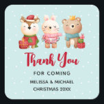 Christmas Pals - Reindeer, Bear & Rabbit Thank You Square Sticker<br><div class="desc">Event thank you stickers with a cute illustration featuring a bunny,  a bear and a deer all dressed in festive gear. Adorable and whimsical.</div>